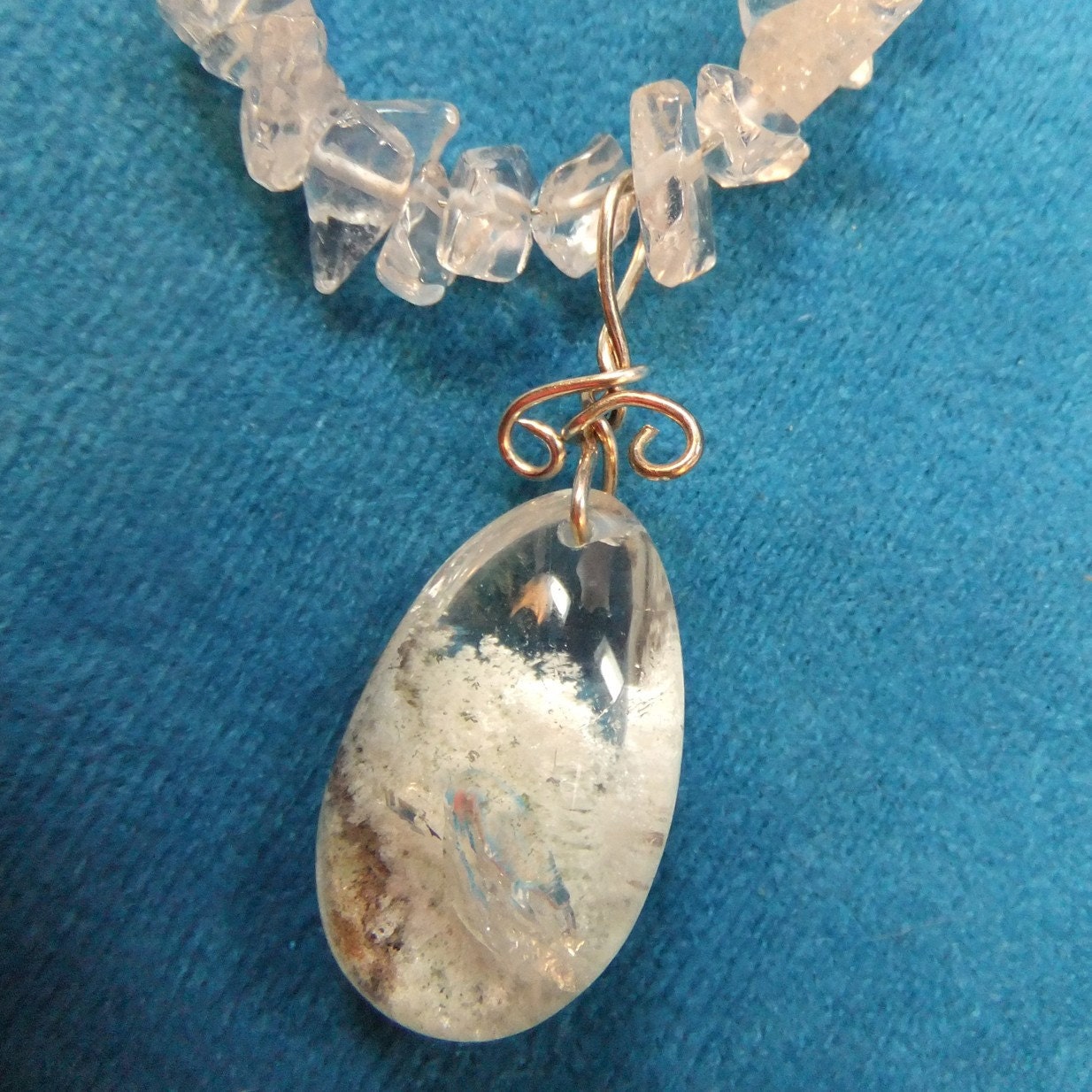 Amazing Quartz Pendant with Tiny WinterWorld Within on a Quartz Chips Necklace OOAK