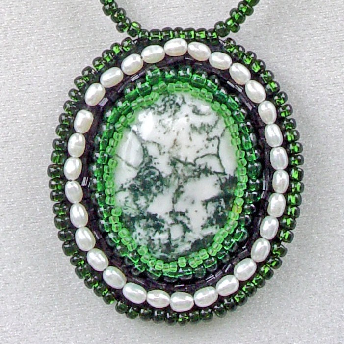 Tree Agate Stone Cabachon Bead Embroidered Necklace Green and White