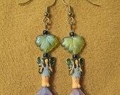 Darling Fairies on Lavender Flowers under Green Glass Leaf Beads Dangle Earrings Lightweight