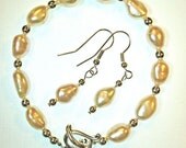 SALE PRICE Freshwater, Cultured Pearls Jewelry Set Bracelet with Pewter Heart Clasp and Earrings