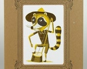 RACCOON Strumming Wash Tub BASS Hand Printed Letterpress Print in a Kraft Letterpress Vignette Mat