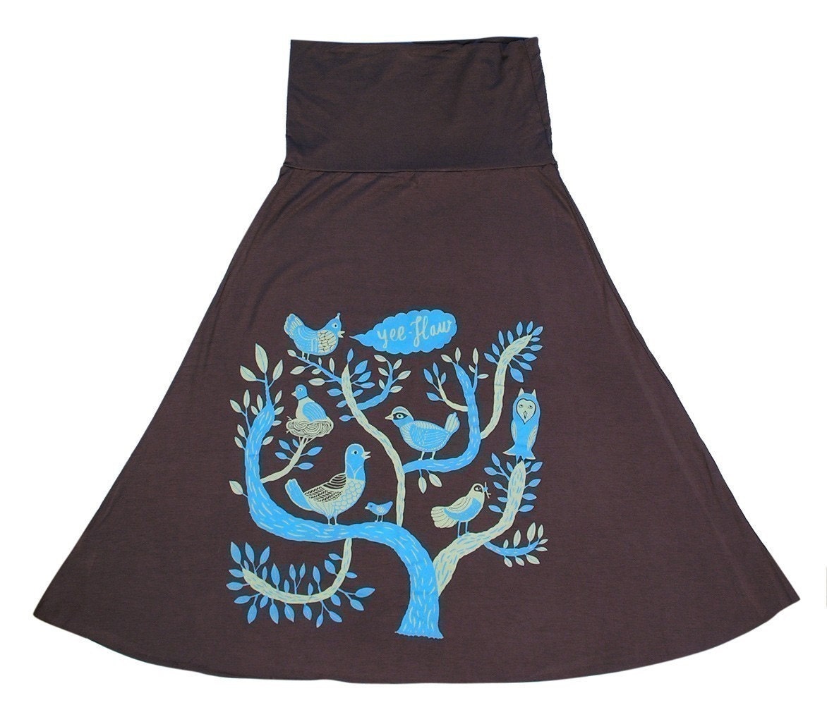 CHOCOLATE BROWN SKIRT / Dress with Screenprinted Birds in a Tree Size Small or Medium