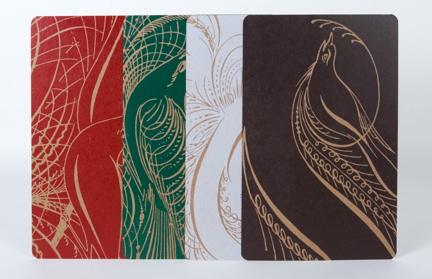 CALLIGRAPHY BIRDS Set of 4 A10 Prints With Kraft Envelopes Hand Printed Letterpress
