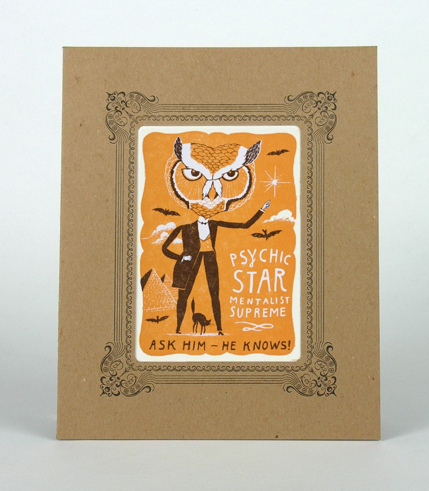 PSYCHIC STAR OWL Letterpress Print in a kraft Vignette Mat