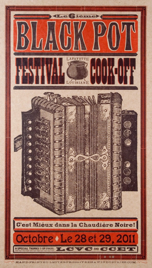 BLACK POT CAJUN Festival, Lafayette, Louisiana 2011 Hand Printed Letterpress Poster