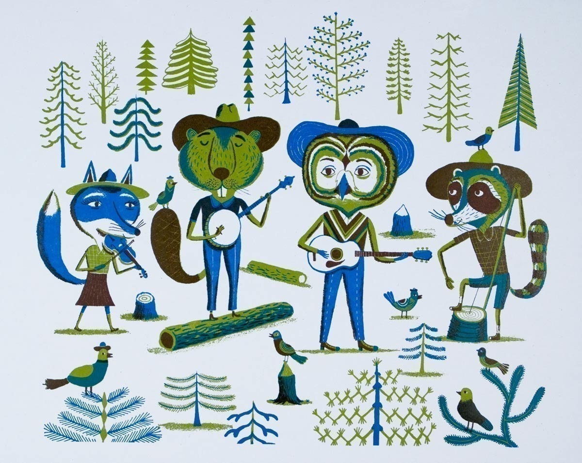 FOREST PICKIN' CRITTERS Old Time Music scene Hand Printed Letterpress Poster fiddle banjo guitar