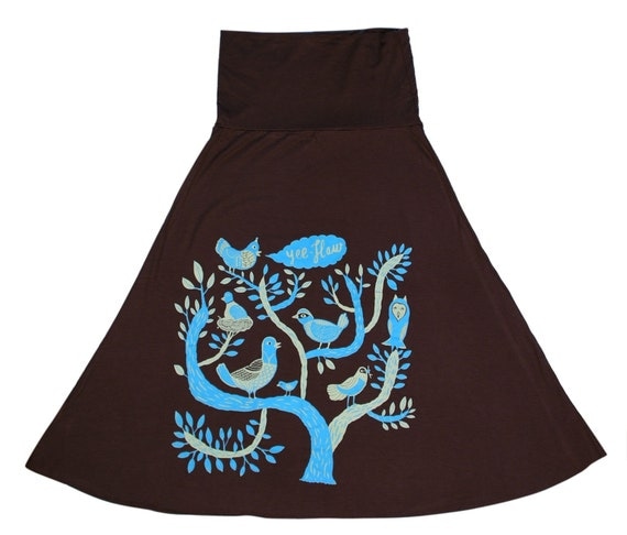 Chocolate Brown SKIRT/Dress with Screenprinted Birds in a Tree Sizes S.M.L.