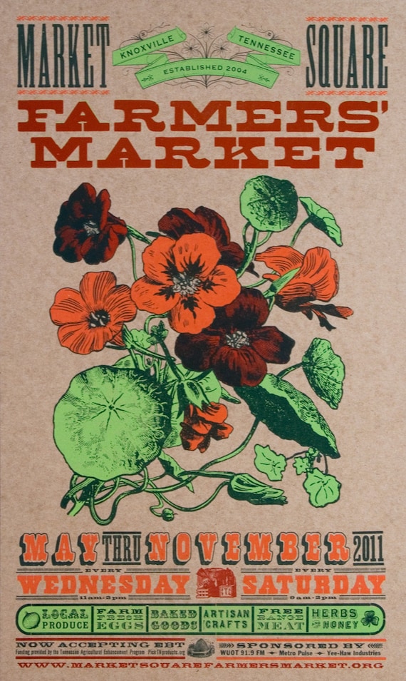 FARMERS MARKET 2011 Nasturtium FLOWER Hand Printed Letterpress Poster