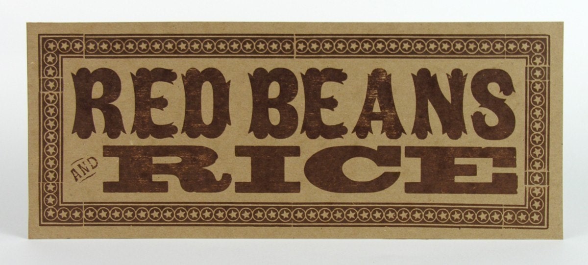 RED BEANS and RICE Giant Post Card Sign Hand Printed Letterpress
