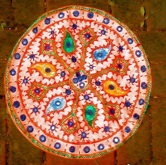 India Made Pillow Case - Vintage 1960s - Embroidered with Mirrors - Head Shop Chic