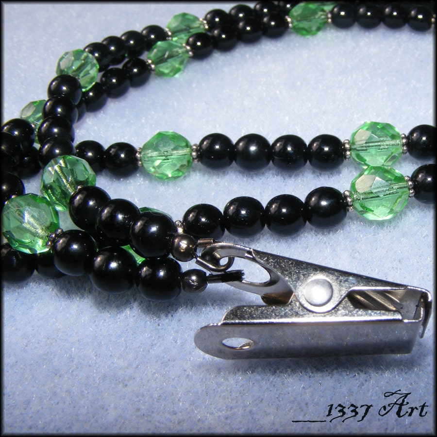 ID Badge Lanyard, Black and Green Czech Glass 27 Inches long, Coworker Gift, Single Strand Lanyard