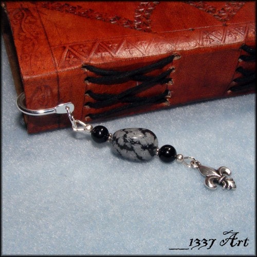 Fleur De Lis Bookmark with Snowflake Obsidian and Black Onyx