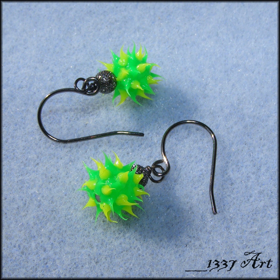 Spiky Earrings Green and Yellow Rubber Spiked Ball by 1337art