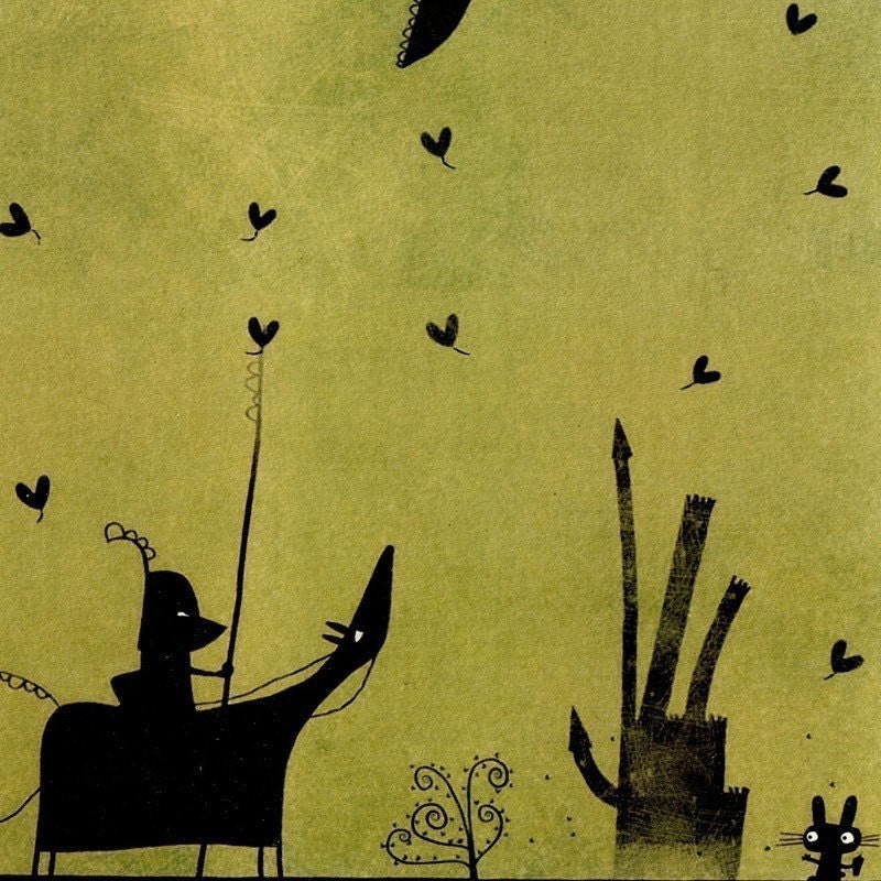 The knight found a dragon and he's preparing to save the princess in her castle, print