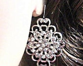 Wedding Earrings, Rhinestone Flower and Vintage Filigree, Silver and Crystal Dangle drop Earrings