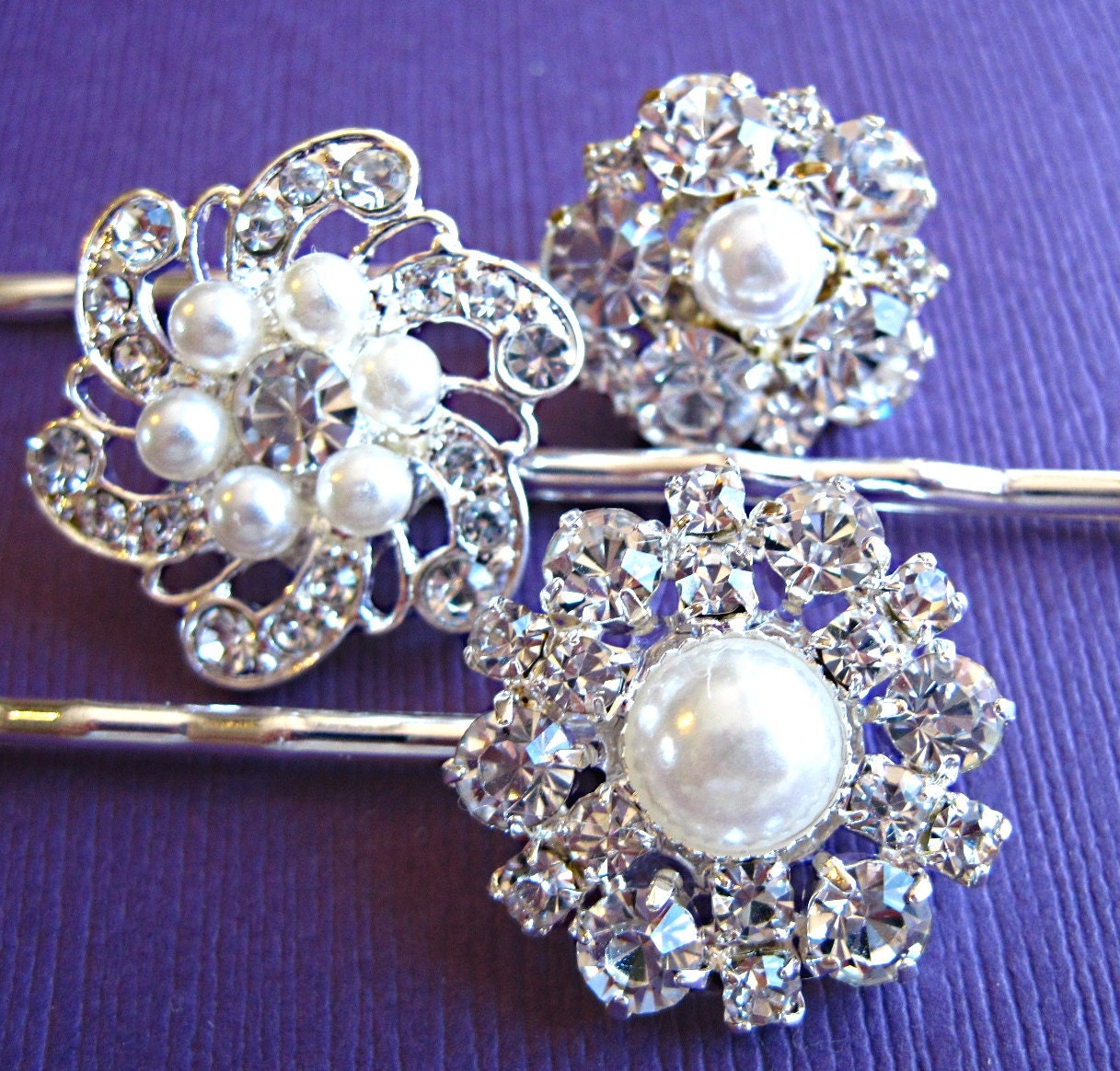 Wedding Hair Pins,Set of 3, Vintage Style,  Silver, Rhinestones, Crystal, Pearl,Bobby Pins or U Pins