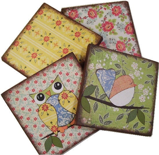 Owl Bird Coasters Decoupaged Wood Wooden Drink Coaster Set of 4 MADE TO ORDER By Gifts And Talents
