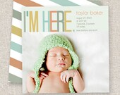 Birth Announcement, photo birth announcement, modern birth announcement, custom birth announcement, baby boy, baby girl, stripes, retro