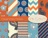 Digital Paper Orange and Navy Blue, Modern Digital Paper, Modern Backgrounds, Printable Papers, Chevron Zig Zag, Stripes, Paisley Paper Pack