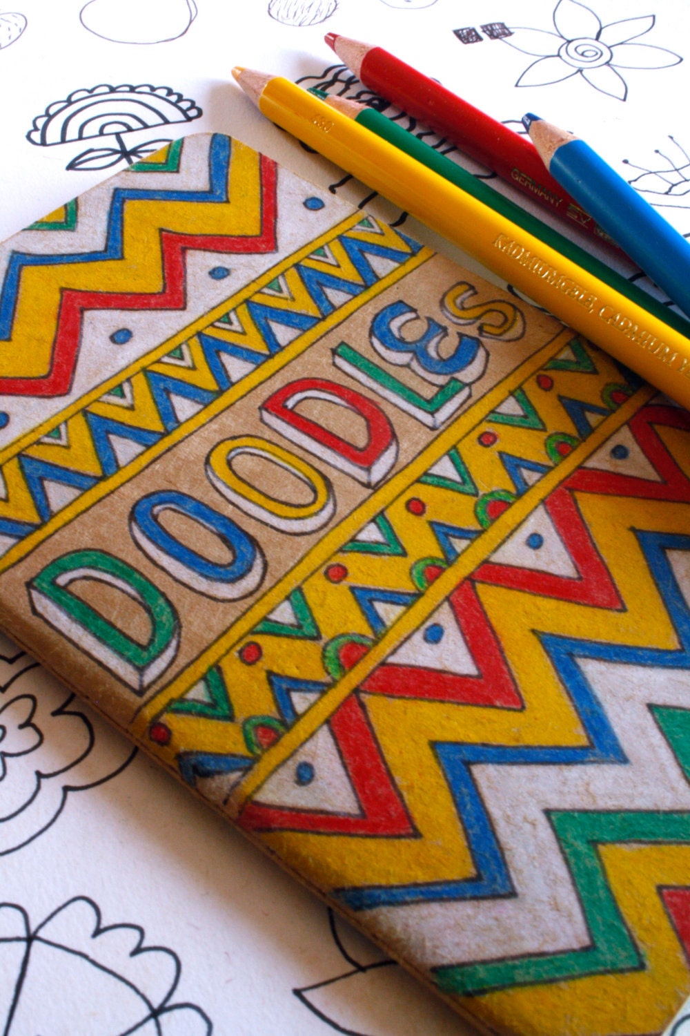 25 Percent Off SALE - Chevron Doodles OOAK Kraft Moleskine Pocket Cahier with Hand Drawn Type