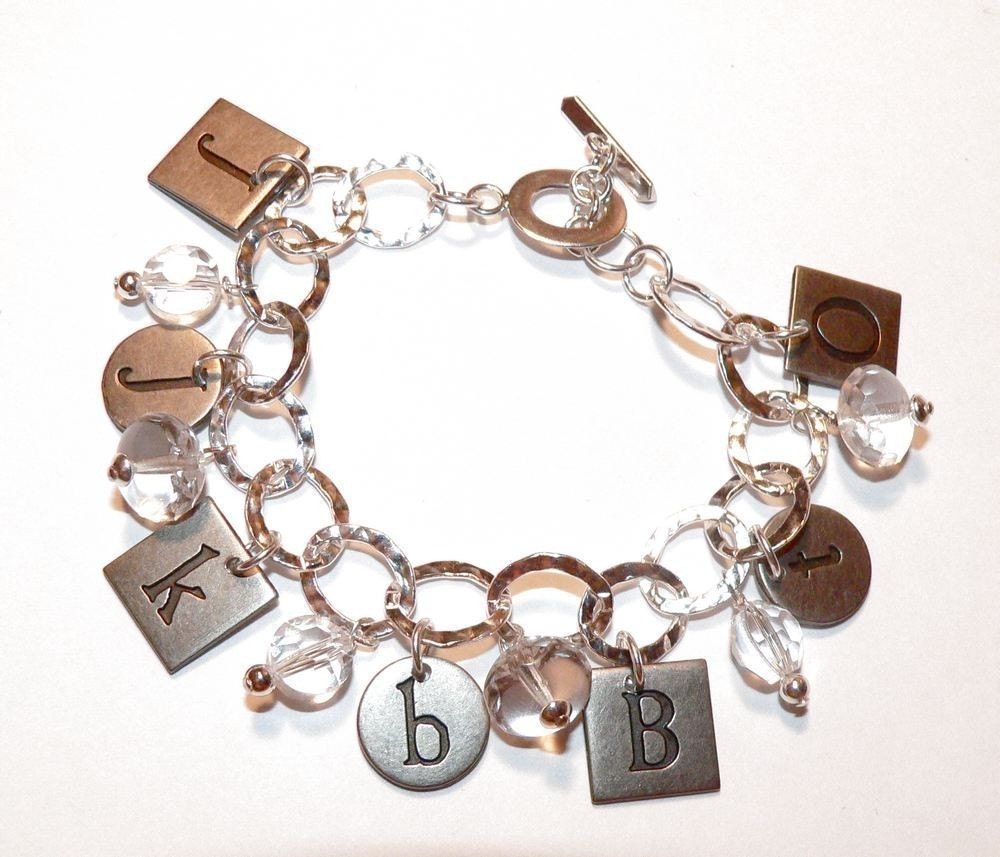 Custom Initial Charm Bracelet. Sterling Silver Hammered Chain. Distressed Letters