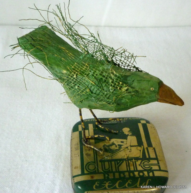 Green Crow on Deco Tin - - Free USA Shipping
