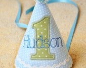 First Birthday Party Hat for boys - Light blue dots and soft green dots - Free personalization