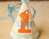 Boys First Birthday Hat - Yellow stripes with blue and orange accents - Free personalization