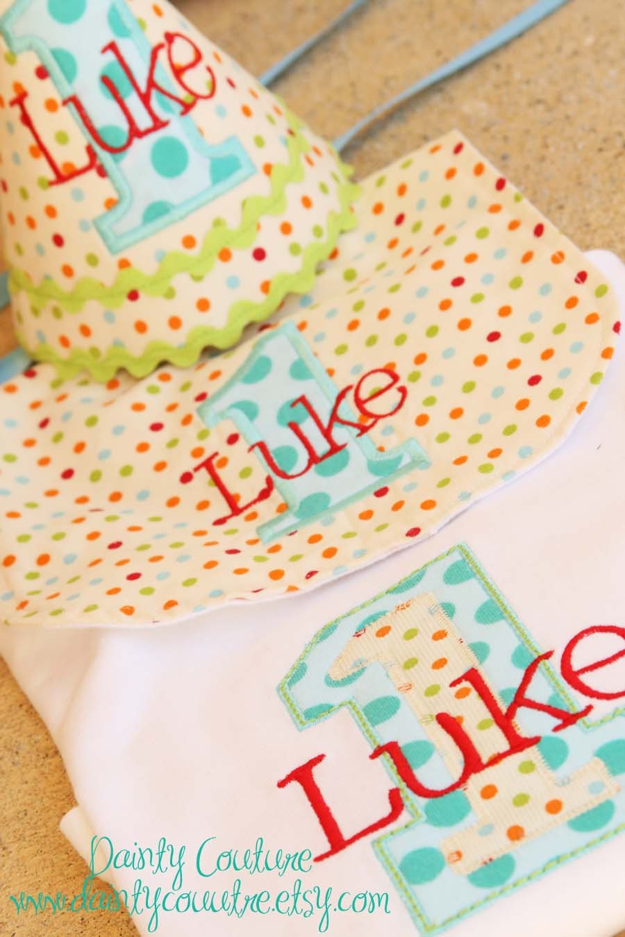 Boys First Birthday Party Hat, Bib, and Shirt - Preppy dots in red, aqua, orange, and green and white stripes - Free personalization