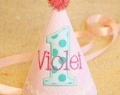 Girl First Birthday Hat - Pink and white stripes with aqua and hot pink accents - Michael Miller aqua ta dots fabric