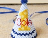 Boys First Birthday Party Hat - Blue, red, and yellow - Seersucker stripes and Michael Miller sunny dots - Free personalization