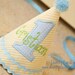 Boys First Birthday Party Hat - Soft yellow and white stripes with light blue and white dots and green monogram - Free personalization