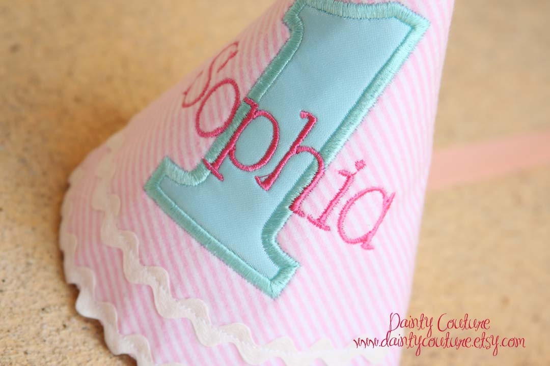 First Birthday Hat - Winter Wonderland - Pink and white stripes with aqua and hot pink accents - Free personalization