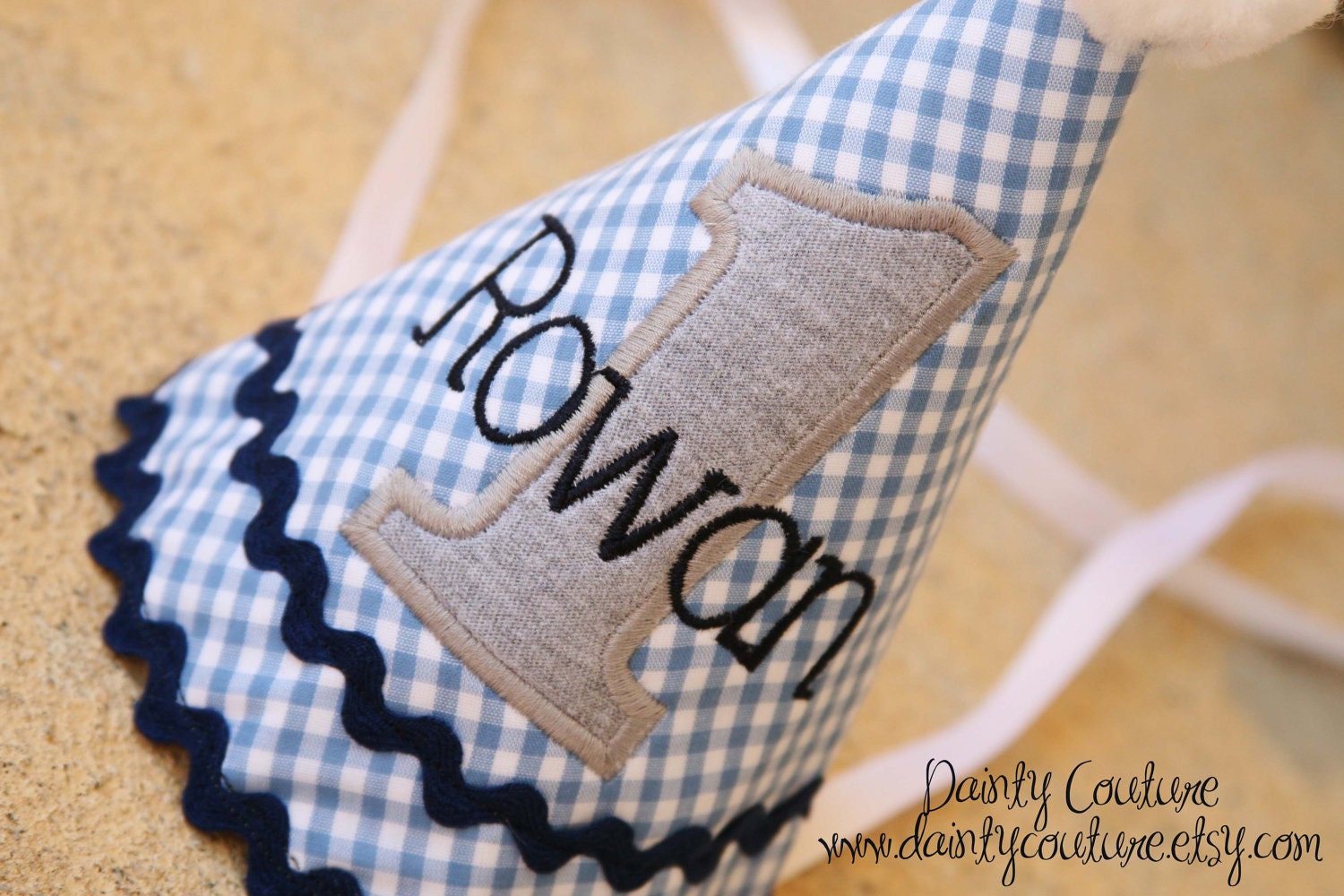 Boys 1st Birthday Hat - Blue gingham with navy, grey, and white accents - Free personalization