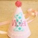 Girl First Birthday Hat - Pink and white stripes with aqua and hot pink accents - Michael Miller aqua ta dots fabric