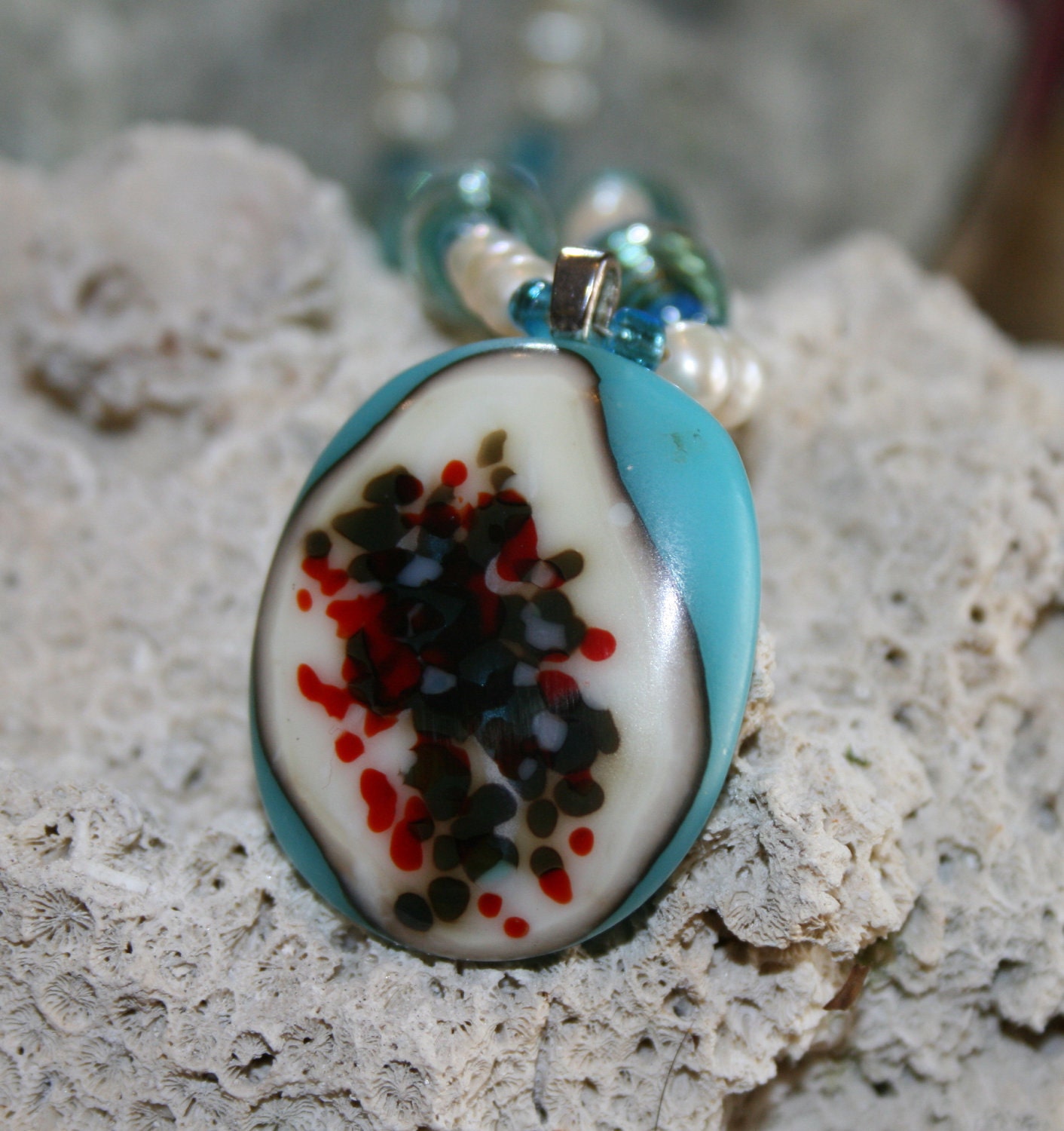 CARIBBEAN DREAMS  Fused Glass Pendant With Beaded Necklace -- Art Glass By YM