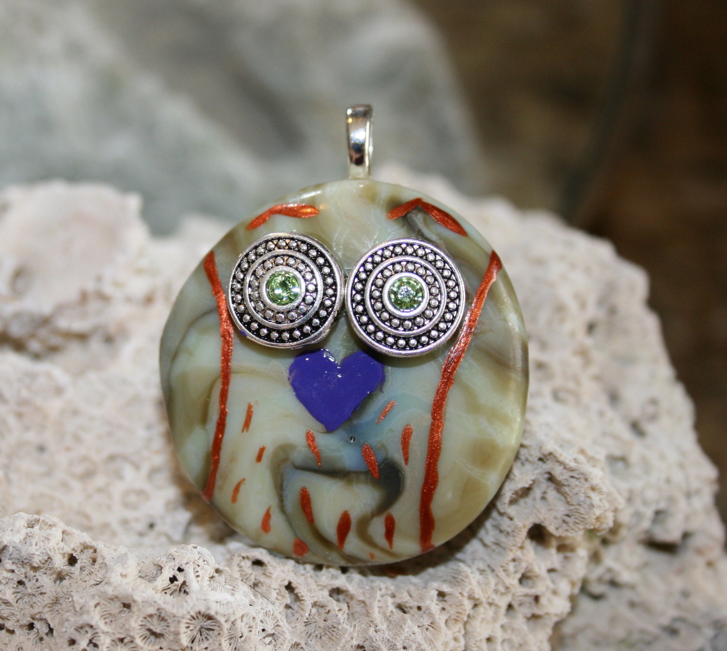 OUTRAGEOUS OWL Fused Glass Pendant -- Art Glass By YM