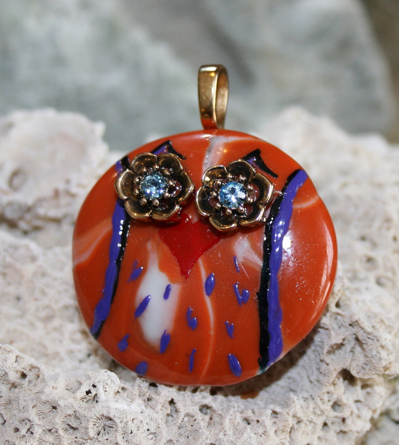 OUTRAGEOUS OWL Fused Glass Pendant -- Art Glass By YM