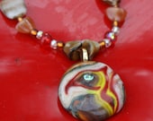 BIRD'S EYE Fused Glass Pendant With Beaded Necklace --Art Glass By YM