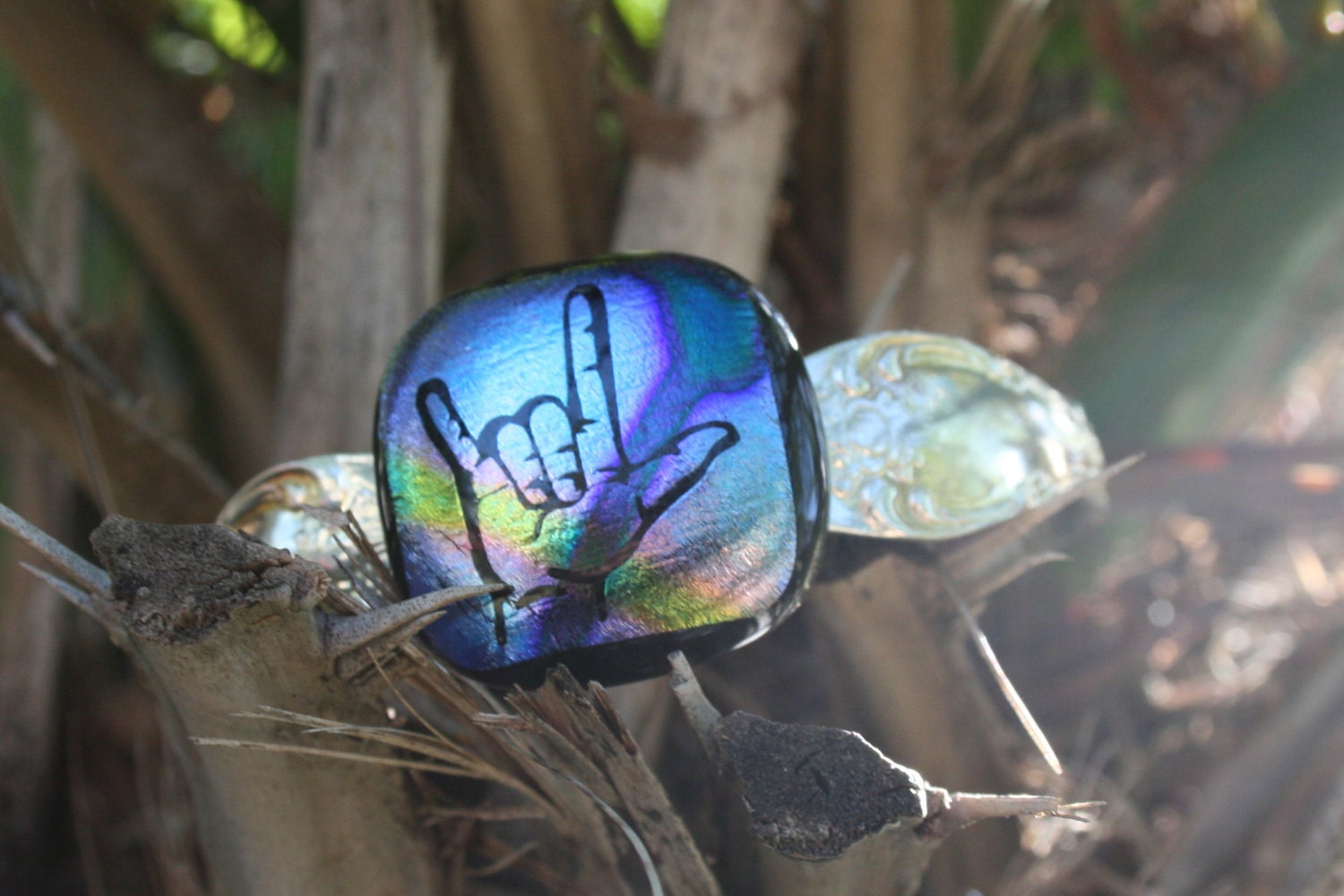 I LOVE YOU---Sign Language--- Dichroic Silver Spoon Cuff Bracelet -- Art Glass By YM