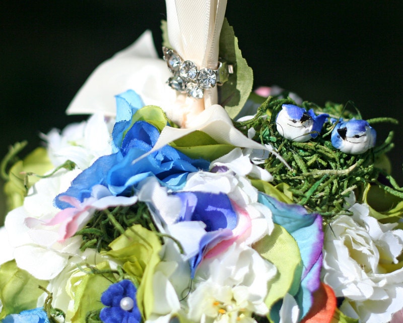 Something Old New & Sapphire Blue Love Birds Vintage Rhinestone Floral Pomander Kissing Ball for your Fairytale Wedding