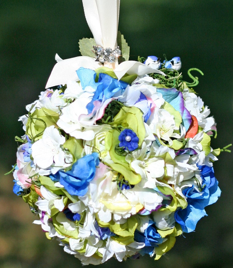 Something Old New & Sapphire Blue Love Birds Vintage Rhinestone Floral Pomander Kissing Ball for your Fairytale Wedding