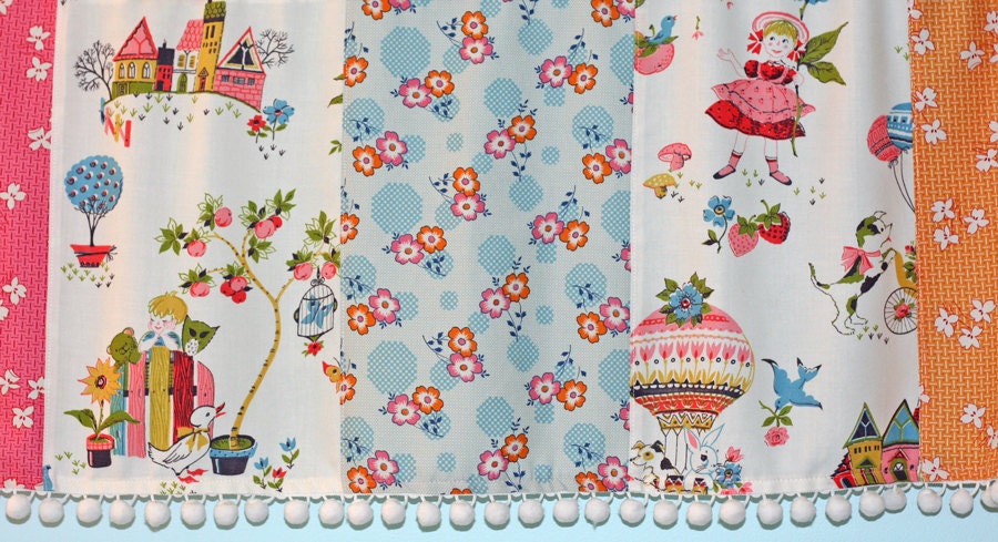 Strip Valance in Vintage 60s Fabric w/ Little Girl Boy Hot Air Balloon Flowers Birds .. White Pom Pom Fringe .. Ready To Ship