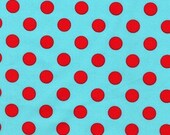 Quarter Dot Fabric  Aqua / Red Polka Dots by Michael Miller Designer Fabric, Mod Fabric