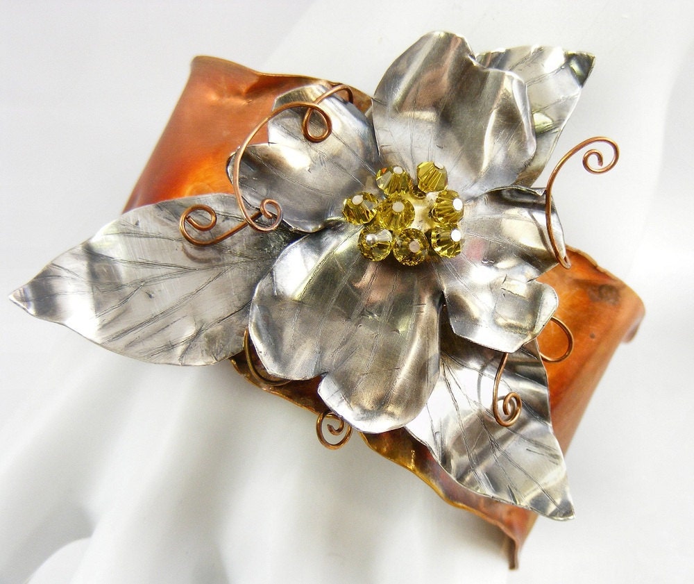 Dogwood Cuff Bracelet Silver Copper Flower Floral Crystal