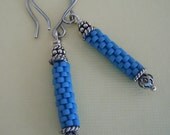 Denim Blue Seed Bead Silver Dangle Earrings