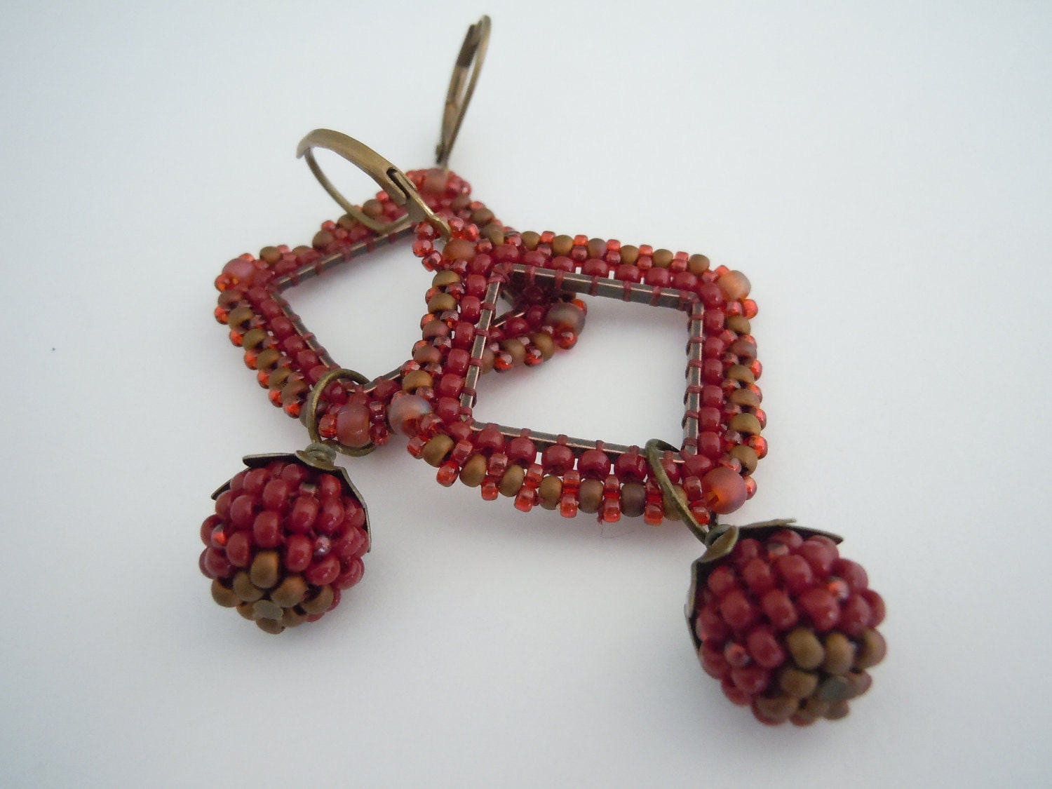 Brick Red and Gold Beaded Bead Earrings