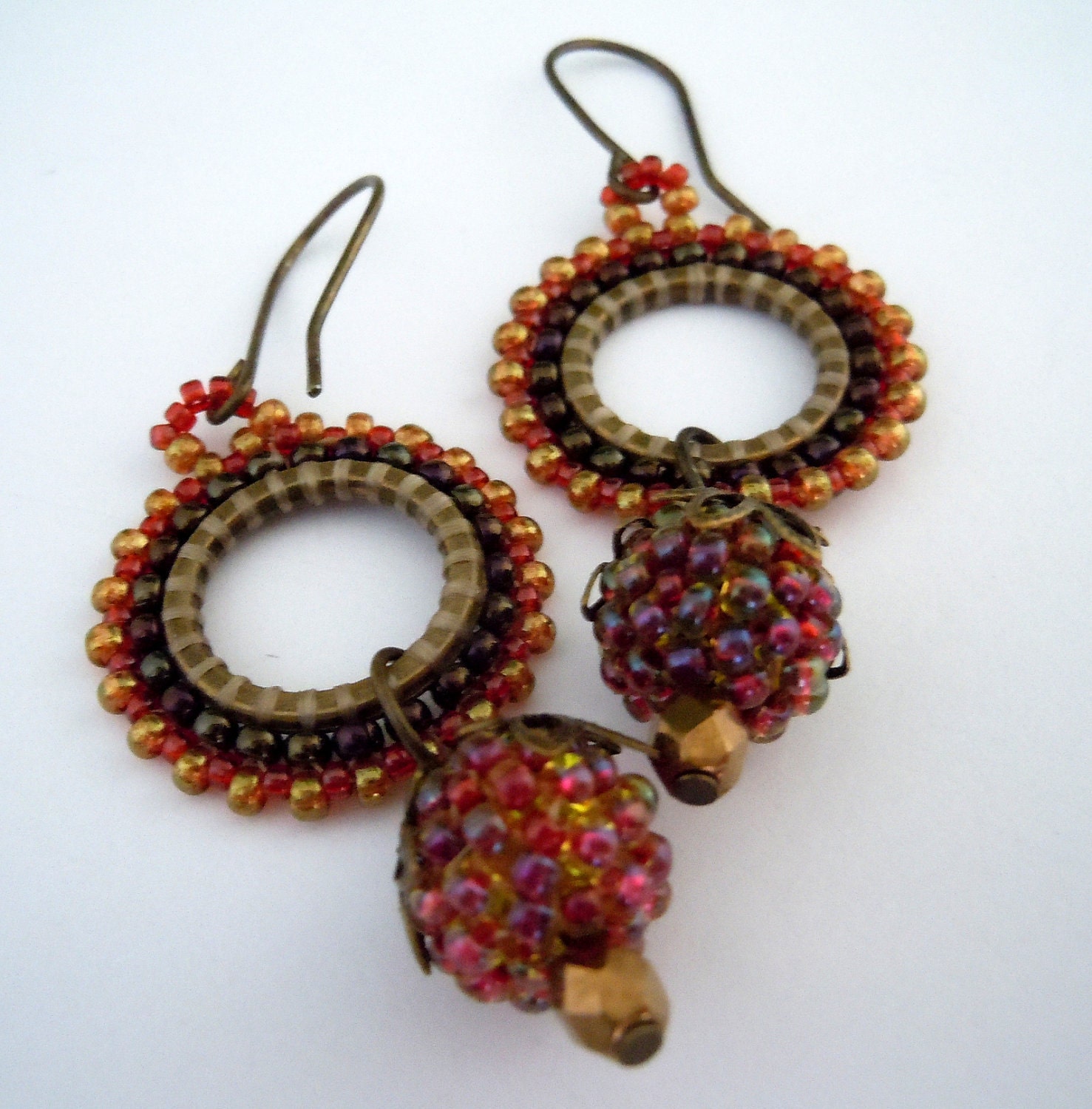 Gypsy Garnet Gold Hoop Earrings, Beaded Bead Earrings