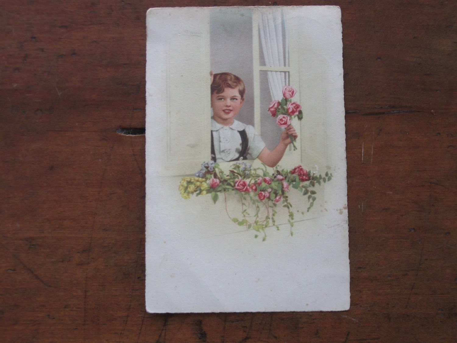 1950 French Child Holding Roses Postcard