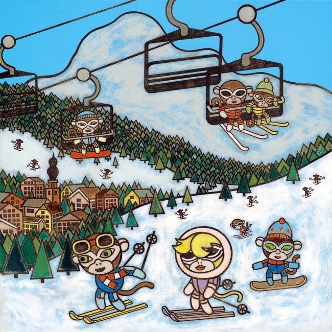 Monkeys on the Ski Slopes 8x10 Art Print